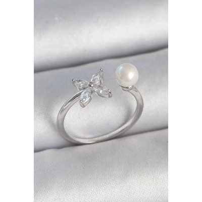 Pirinç Gümüş Renk Zirkon Taşlı Çiçek Model İnci Detay Ayarlanabilir Kadın Yüzük