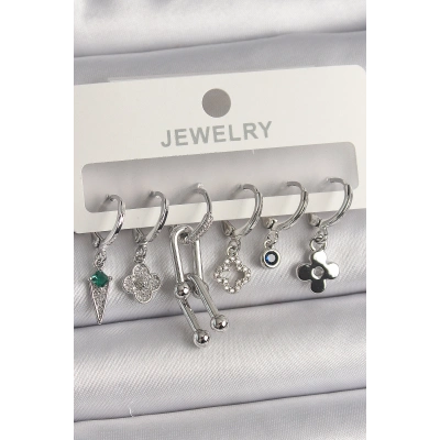 Pirinç Gümüş Renk Zirkon Taşlı Çoklu Figür Kadın Küpe Seti