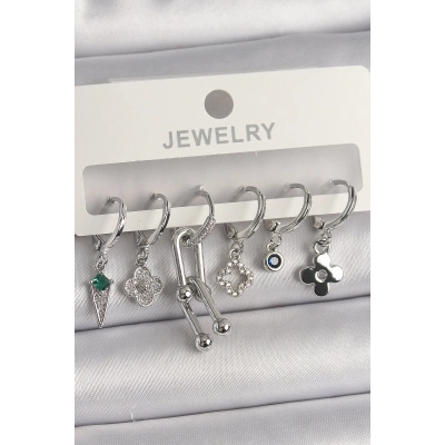 Pirinç Gümüş Renk Zirkon Taşlı Çoklu Figür Kadın Küpe Seti