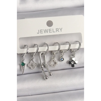 Pirinç Gümüş Renk Zirkon Taşlı Çoklu Figür Kadın Küpe Seti