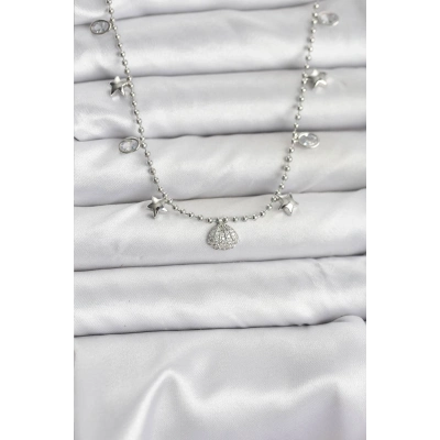 Pirinç Gümüş Renk Zirkon Taşlı Deniz Kabuğu Model Kadın Kolye