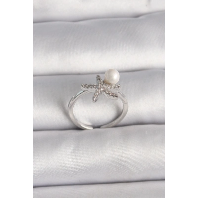 Pirinç Gümüş Renk Zirkon Taşlı Deniz Yıldızı Model İnci Detay Ayarlanabilir Yüzük