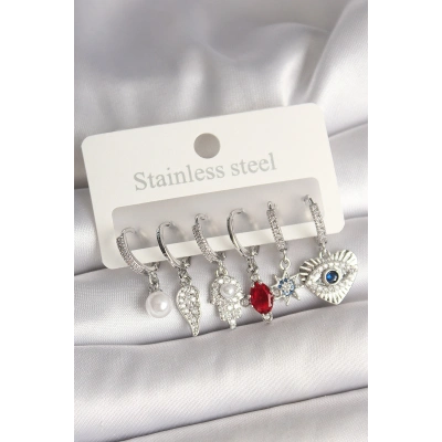 Pirinç Gümüş Renk Zirkon Taşlı Fatma Ana El Figür Kadın Küpe Seti