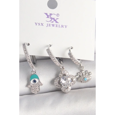 Pirinç Gümüş Renk Zirkon Taşlı Fatma Ana Yonca Figür Göz Detay 3Lü Kadın Kombin Küpe