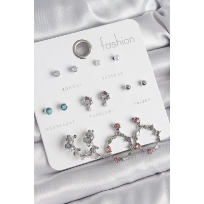 Pirinç Gümüş Renk Zirkon Taşlı Gül Figür Halka Model 7 Çift Kadın Küpe Seti