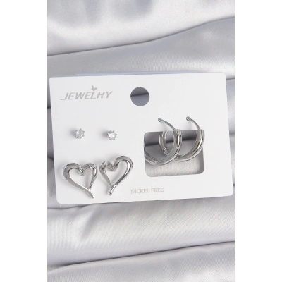 Pirinç Gümüş Renk Zirkon Taşlı Halka Model Kalp Detay 3 Çift Kadın Küpe Seti