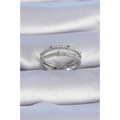 Pirinç Gümüş Renk Zirkon Taşlı İnci Detay Kadın Yüzük