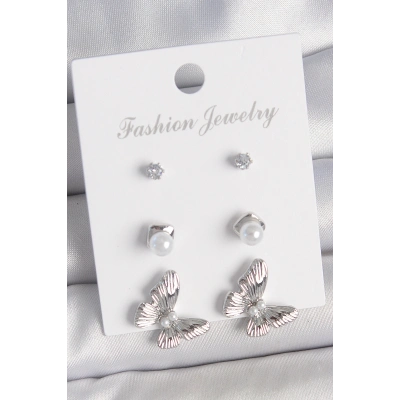 Pirinç Gümüş Renk Zirkon Taşlı İnci Detaylı Kelebek Model 3 Çift Kadın Küpe Seti