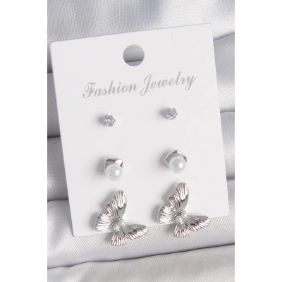 Pirinç Gümüş Renk Zirkon Taşlı İnci Detaylı Kelebek Model 3 Çift Kadın Küpe Seti