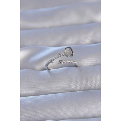 Pirinç Gümüş Renk Zirkon Taşlı İncili Satürn Model Ayarlanabilir Yüzük