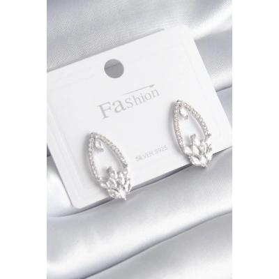 Pirinç Gümüş Renk Zirkon Taşlı Kadın Küpe