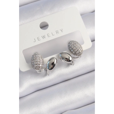 Pirinç Gümüş Renk Zirkon Taşlı Kadın Küpe