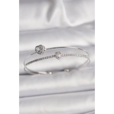 Pirinç Gümüş Renk Zirkon Taşlı Kalp Model Kadın Bileklik