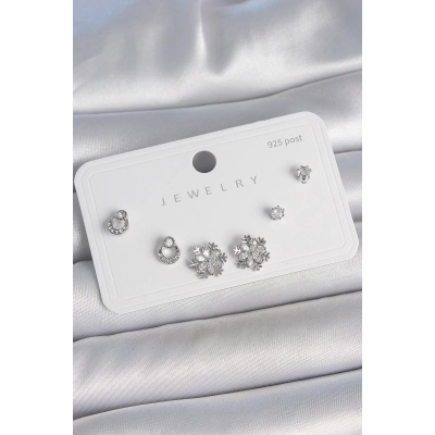 Pirinç Gümüş Renk Zirkon Taşlı Kar Tanesi Model 925 Ayar Gümüş Çivi Kadın Küpe Seti