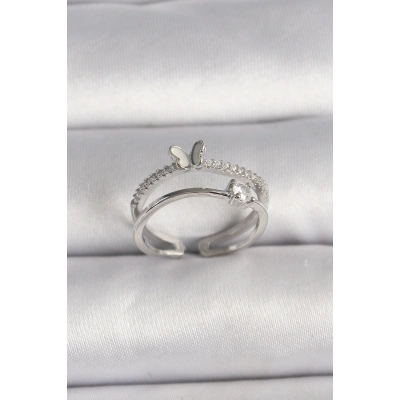 Pirinç Gümüş Renk Zirkon Taşlı Kelebek Figürlü Ayarlanabilir Yüzük