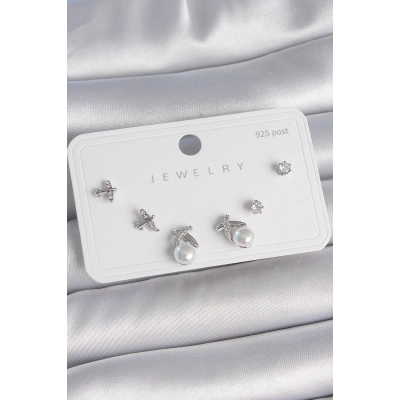 Pirinç Gümüş Renk Zirkon Taşlı Kelebek Model İnci Detay 925 Ayar Gümüş Çivi Kadın Küpe Seti