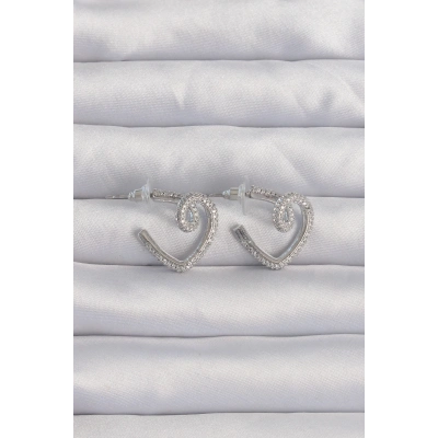 Pirinç Gümüş Renk Zirkon Taşlı Kıvrımlı Yarım Kalp Küpe