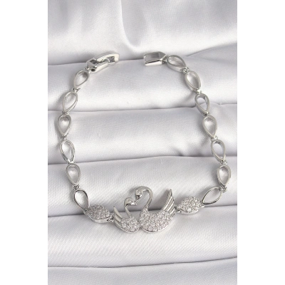 Pirinç Gümüş Renk Zirkon Taşlı Kuğu Figür Damla Zincir Model Kadın Bileklik