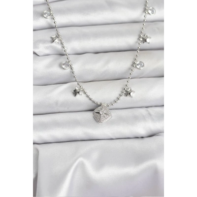 Pirinç Gümüş Renk Zirkon Taşlı Kutup Yıldızı Model Kadın Kolye