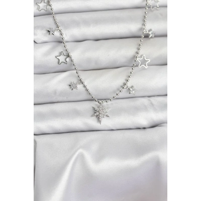 Pirinç Gümüş Renk Zirkon Taşlı Kutup Yıldızı Model Kadın Kolye