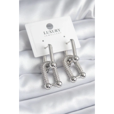 Pirinç Gümüş Renk Zirkon Taşlı Model VIP Seri Kadın Küpe