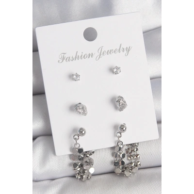 Pirinç Gümüş Renk Zirkon Taşlı Pullu Sallantılı Model 3 Çift Kadın Küpe Seti