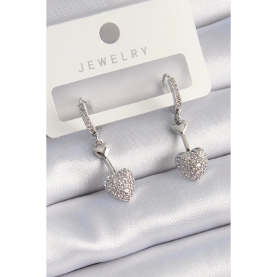 Pirinç Gümüş Renk Zirkon Taşlı Sallantı Kalp Model Kadın Küpe