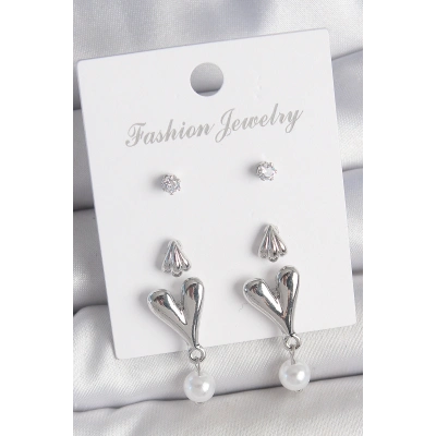 Pirinç Gümüş Renk Zirkon Taşlı Sallantılı Kalp Model 3 Çift Kadın Küpe Seti