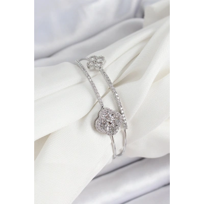 Pirinç Gümüş Renk Zirkon Taşlı Yonca Model 2li Kadın Bileklik