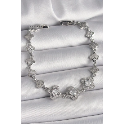 Pirinç Gümüş Renk Zirkon Taşlı Yonca Model Kadın Bileklik