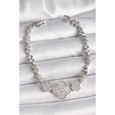 Pirinç Gümüş Renk Zirkon Taşlı Yonca Model Zincir Model Kadın Bileklik