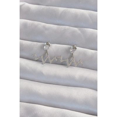 Pirinç Gümüş Renk Zirkon Taşlı Zikzak Küpe