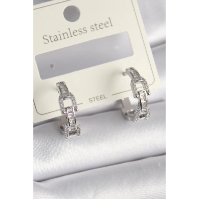 Pirinç Gümüş Renk Zirkon Taşlı Zincir Model Kadın Küpe