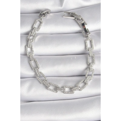 Pirinç Gümüş Renk Zirkon Taşlı Zincir Model VIP Seri Kadın Bileklik