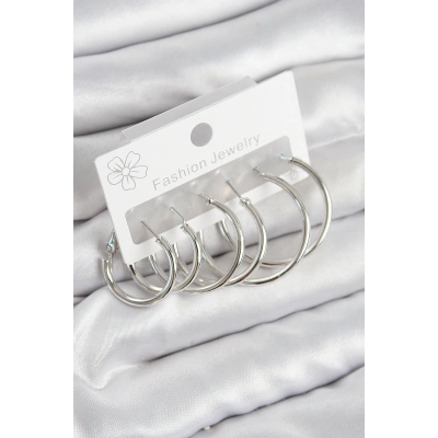 Pirinç Halka Model Gümüş Renk Kadın Set Küpe