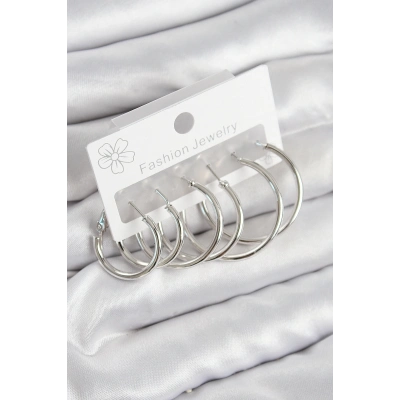 Pirinç Halka Model Gümüş Renk Kadın Set Küpe