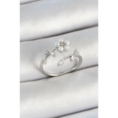 Pirinç İnci Detaylı Papatya Figürlü Zirkon Taşlı Gümüş Renk Ayarlanabilir Kadın Yüzük