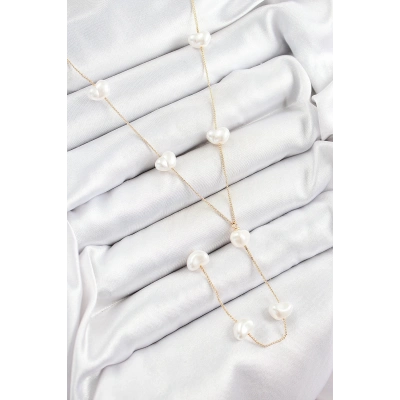 Pirinç İncili Kalp Figürlü Y Model Gold Renk Kadın Kolye