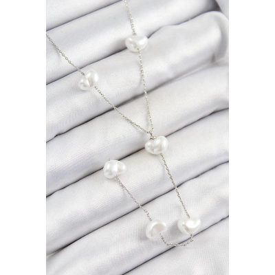 Pirinç İncili Kalp Figürlü Y Model Gümüş Renk Kadın Kolye