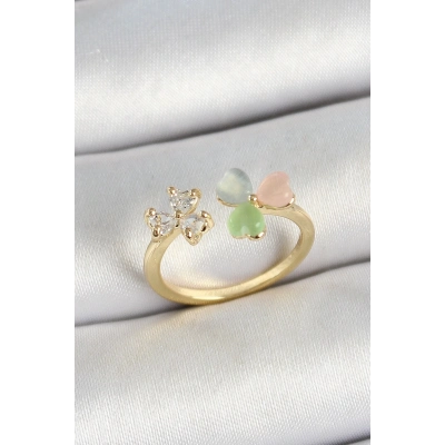 Pirinç Kalp Figürlü Zirkon Taşlı Gold Renk Ayarlanabilir Kadın Yüzük