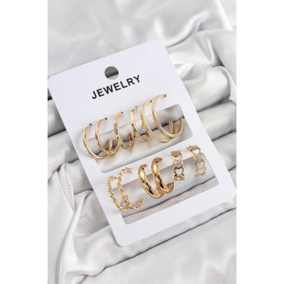 Pirinç Karışık Halka Model Gold Renk 6 Çift Kadın Küpe Set