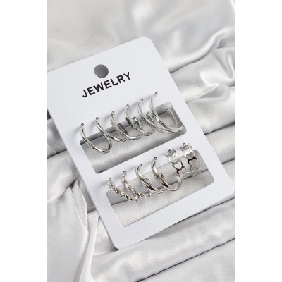 Pirinç Karışık Halka Model Gümüş Renk 6 Çift Kadın Küpe Set