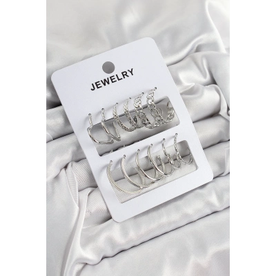 Pirinç Karışık Halka Model Gümüş Renk 6 Çift Kadın Küpe Set