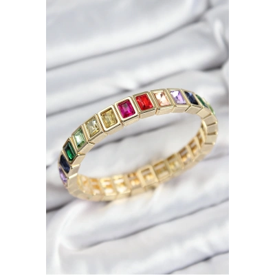 Pirinç Karışık Zirkon Taşlı Dikdörtgen Model Gold Renk Lastikli Kadın Bileklik