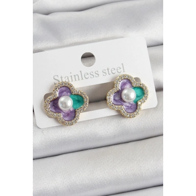 Pirinç Mor Mineli İnci Detaylı Zirkon Taşlı Sanatsal Portre Yonca Model Gold Renk Kadın Küpe