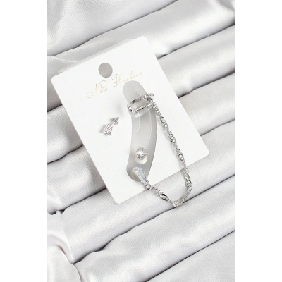 Pirinç Ok Figürlü Zirkon Taşlı Gümüş Renk 3lü Kıkırdak Kadın Küpe Set