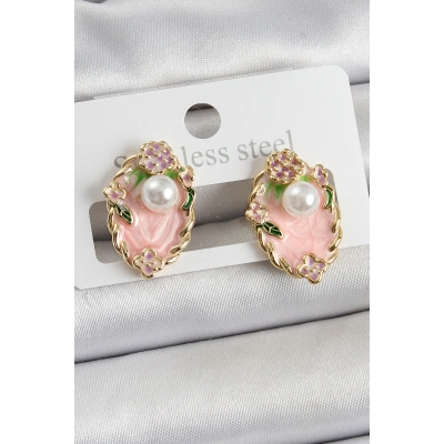 Pirinç Pembe Mineli İnci Detaylı Sanatsal Portre Model Gold Renk Kadın Küpe