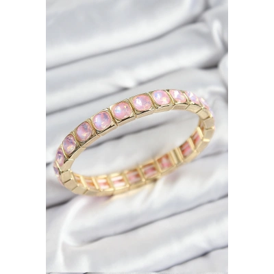 Pirinç Pembe Zirkon Taşlı Kare Model Gold Renk Lastikli Kadın Bileklik