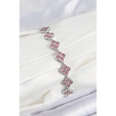 Pirinç Pembe Zirkon Taşlı Yonca Model Gümüş Renk VIP Seri Kadın Bileklik