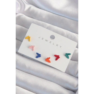 Pirinç Rengarenk Mineli Minimal Kelebek Küpe Seti